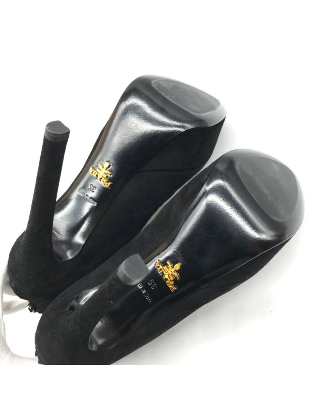 Prada Suede Metal Logo High Heel Short Boots Shoes Black - Picture 6 of 8